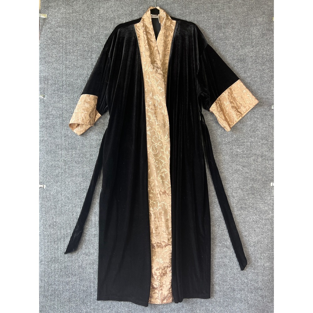 Delicates Black Velvet Gold Brocade Robe Kimono Duster Large Gothic Regencycore